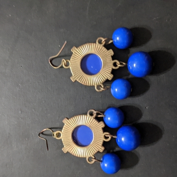 Gold Tone Blue Bauble Dangle Statement Earrings - Picture 2 of 2